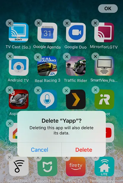 L'image montre l'écran d'un iPhone avec les applications installées et une fenêtre pop-up qui demande si l'application sera supprimée