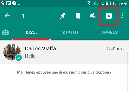 Icône pour archiver la conversation WhatsApp sur un téléphone Android
