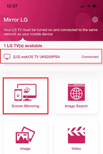 Option Screen Mirroring dans l'application Mirror for LG TV Streamer