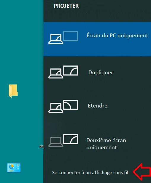 Menu des options de projection d'écran sur Windows 10