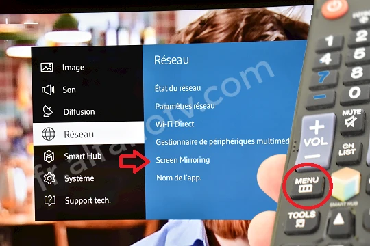 Option pur screen mirroring sur Smart TV Samsung