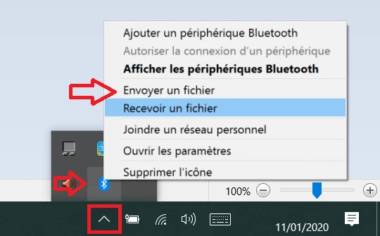 Option pour envoyer un fichier depuis un PC vers un smartphone via Bluetooth