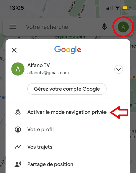 Activation de la navegation privée sur Google Maps