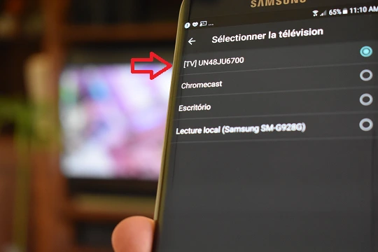 Option pour sélectionner une smart tv samsung pour envoyer une vidéo youtube