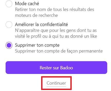 Option pour supprimer un compte Badoo depuis un PC.