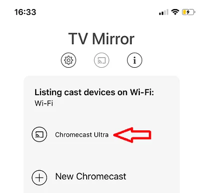 Selection d'un Chromecast Ultra sur app TV Mirror 