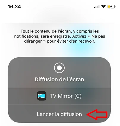 Option pour caster l'écran d'un iPhone vers un Chromecast