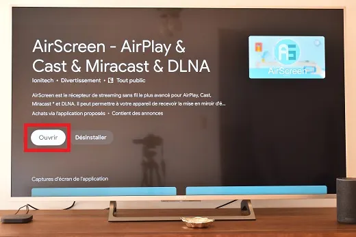 application AirScreen sur un écran TV Sony avec l'option Ouvrir remarquez.