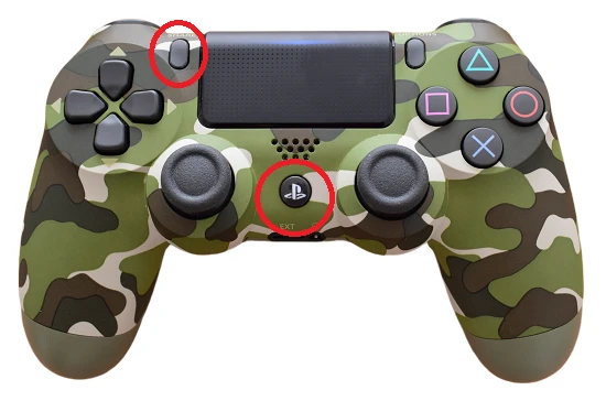 L'image montre le contrôleur PS4 avec les boutons PS et Partager en surbrillance.