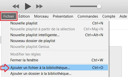 Option Ajouter un fichier à la bibliothèque dans iTunes