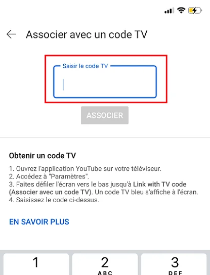 Saisir un code pour regarder YouTube à la TV