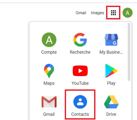 Menu Google avec l'icône des contacts en surbrillance