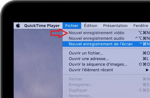 Option Nouvel enregistrement vidéo sur QuickTime Player