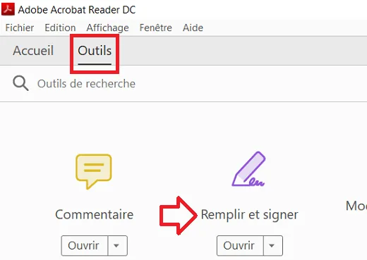 Option Remplir et signer sur PDF Reader