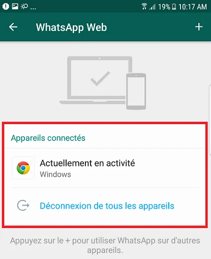 Option pour savoir si WhatsApp est ouvert sur d'autres appareils