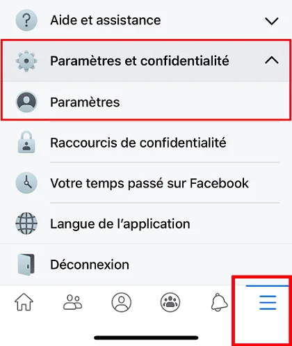 Option Paramètres et confidentialité de Facebook sur smartphone