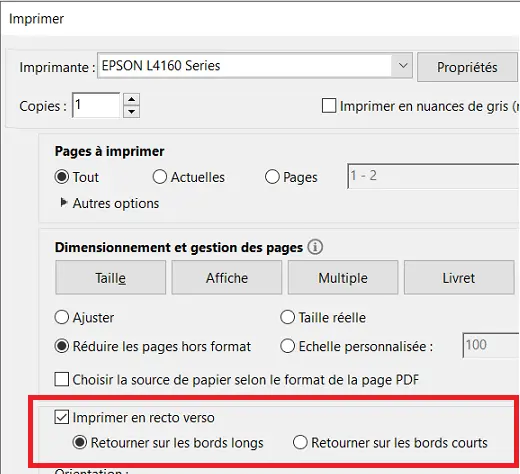 Option pour imprimer un PDF en recto verso et au format livret