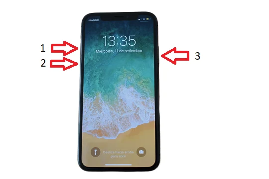 L'image montre la combinaison de boutons qui doivent être enfoncés pour forcer le redémarrage d'un iPhone 8, X et versions ultérieures.