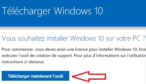 Option pour télécharger l'outil de création de support Windows 10