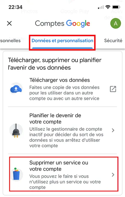 Optión pour supprimer un compte Gmail depuis un smartphone