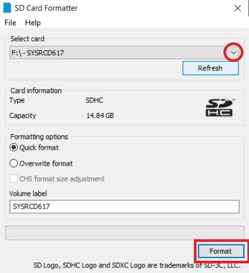 Interface de SD Card Formatter sous Windows