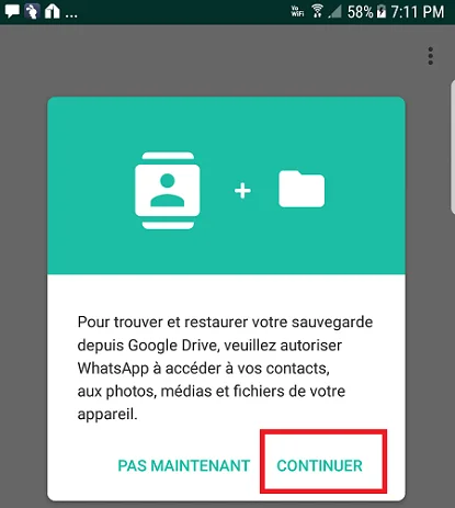 Option pour restaurer la sauvegarde WhatsApp sous Android