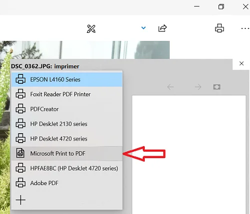 Option Microsoft Print to PDF dans Photos sous Windows 10