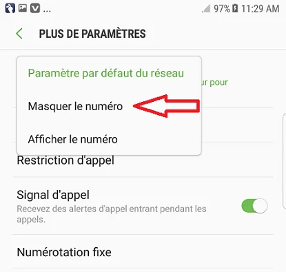 Option pour masquer le numéro sur un smartphone Android