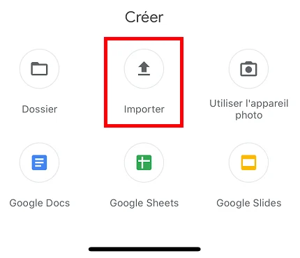 Option pour importer un fichier dans Google Drive
