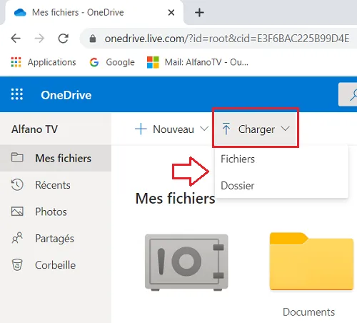  Option pour importer un fichier sur OneDrive à partir du PC