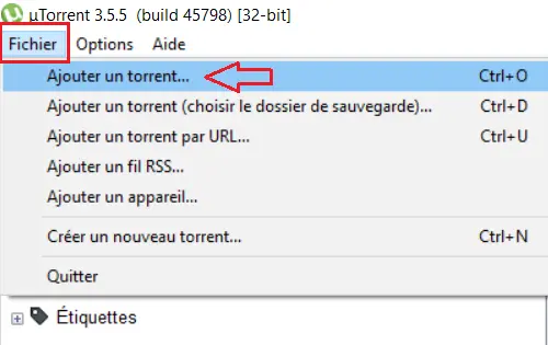 Option pour ajouter un ficier torrent sur uTorrent