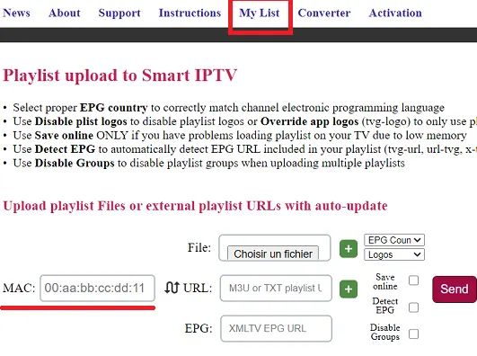 Page pour configurer Smart IPTV pour TV LG