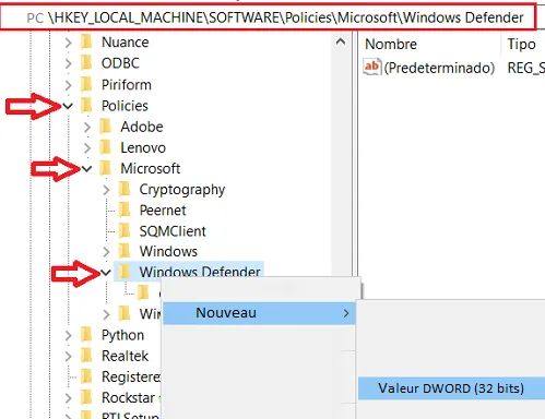 Chemin pour désactiver définitivement Windows Defender dans Windows 10
