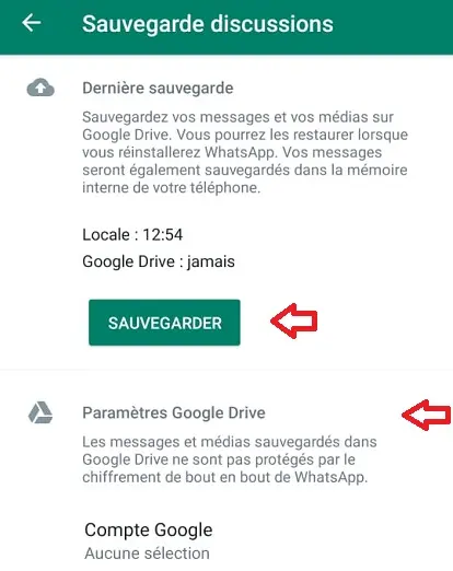 Option pour Sauvegarde discussions WhatsApp sur Android