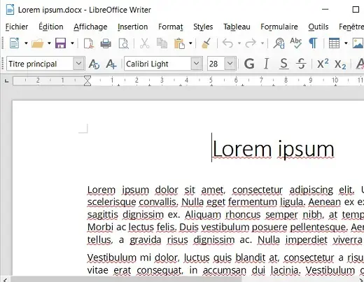 Fichier au format DOCX ouvert avec LibreOffice Writer